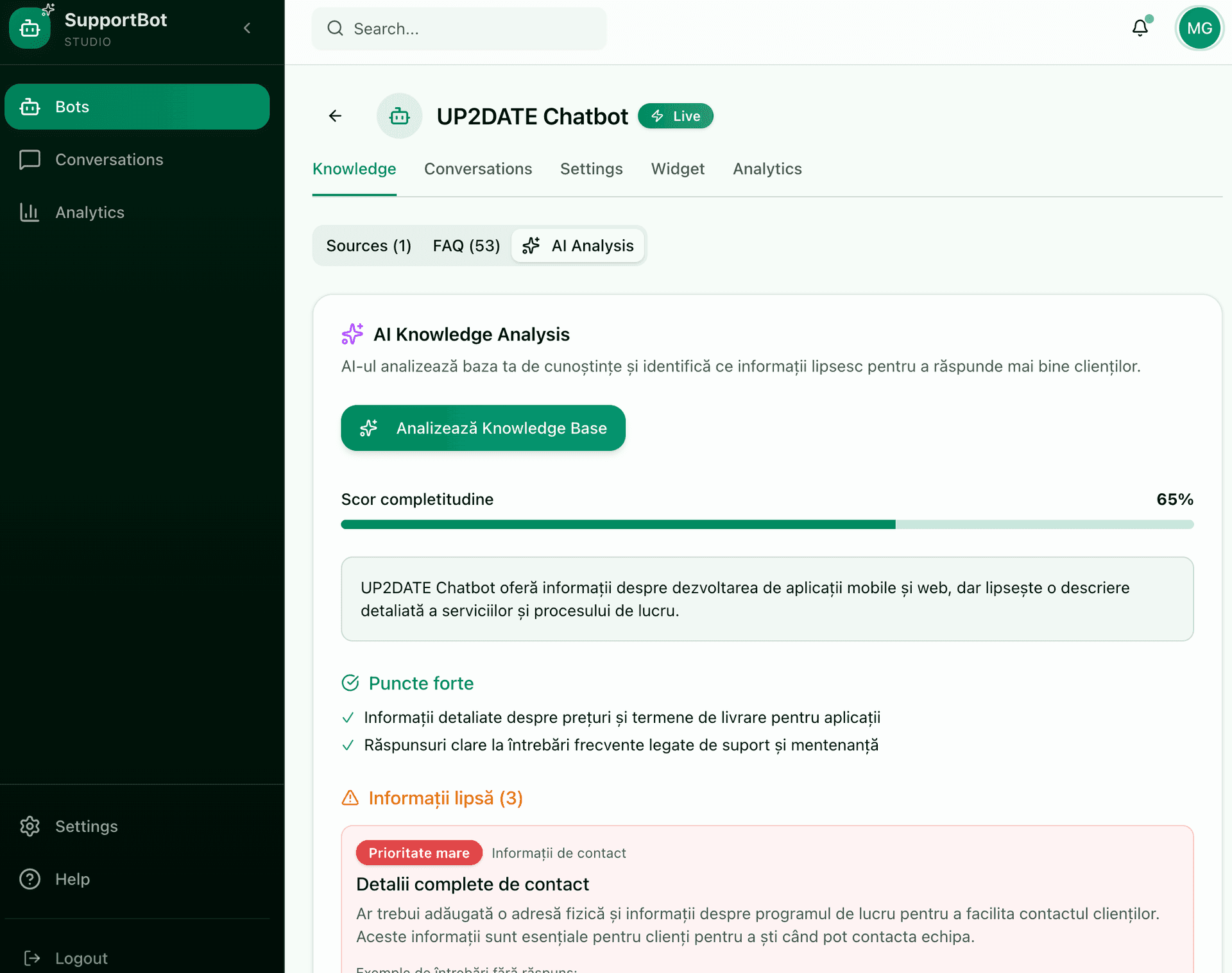SupportBot Studio - Platformă AI pentru chatboți personalizați