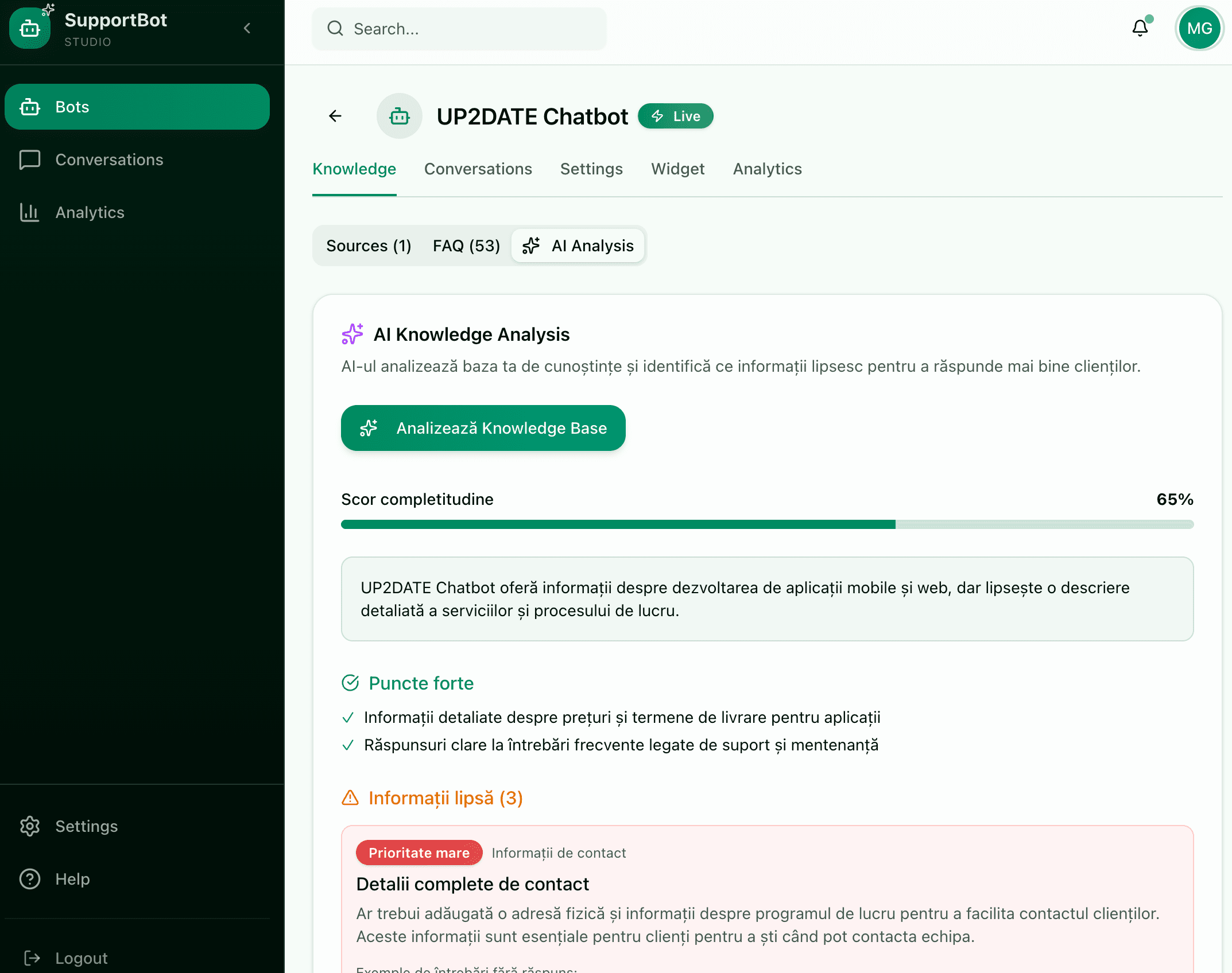 SupportBot Studio - Platformă AI pentru chatboți personalizați