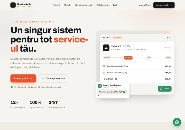 ERP cu AI pentru service auto — Service Auto ERP